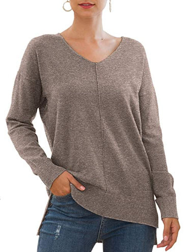 Damen eleganter V-Ausschnitt Pullover mit asymmetrischem Saum Drune