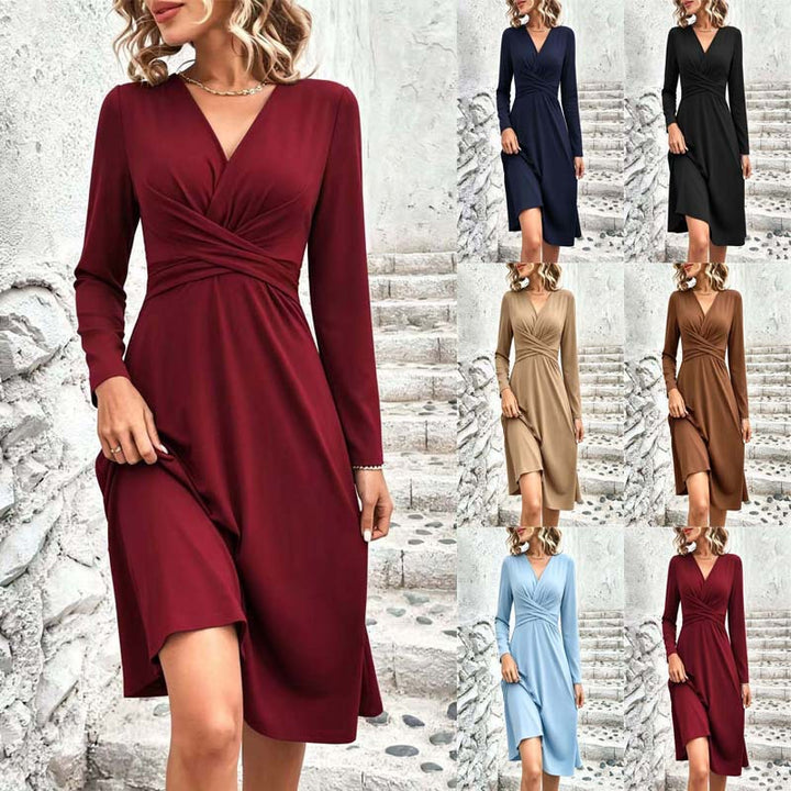 Damen Wickel-Midikleid mit V-Ausschnitt und taillierter Drapierung Drune
