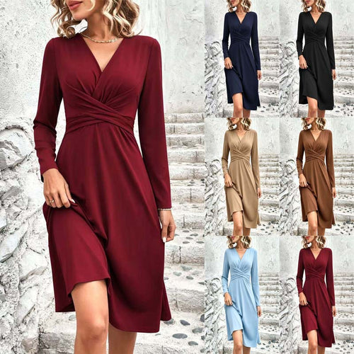 Damen Wickel-Midikleid mit V-Ausschnitt und taillierter Drapierung Drune