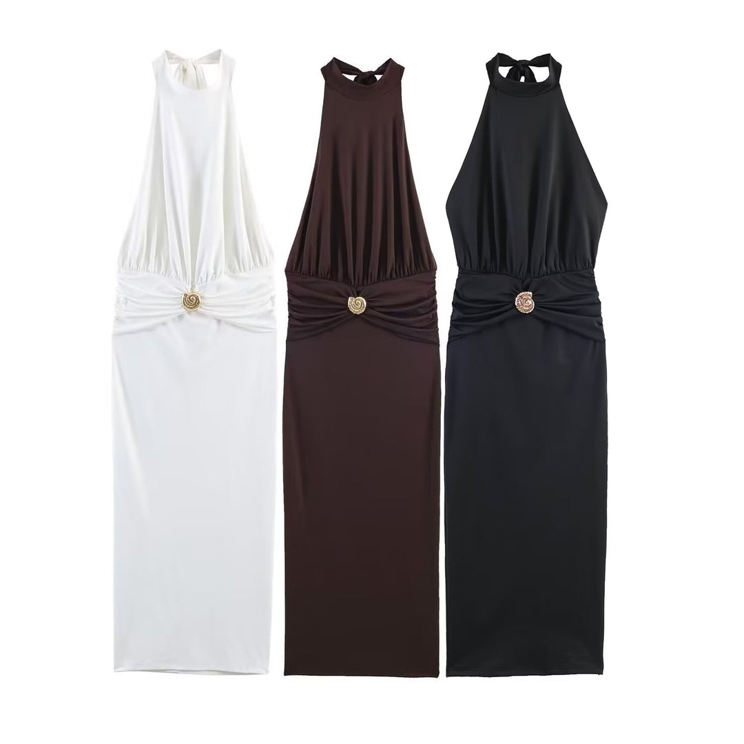 Damen Maxikleid mit schickem Halterneck und dekorativer Drapierung Drune