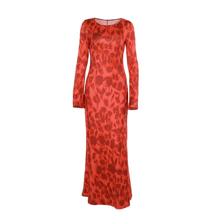 Damen elegantes langärmliges Maxikleid mit floralem Muster und transparentem Oberteil Drune
