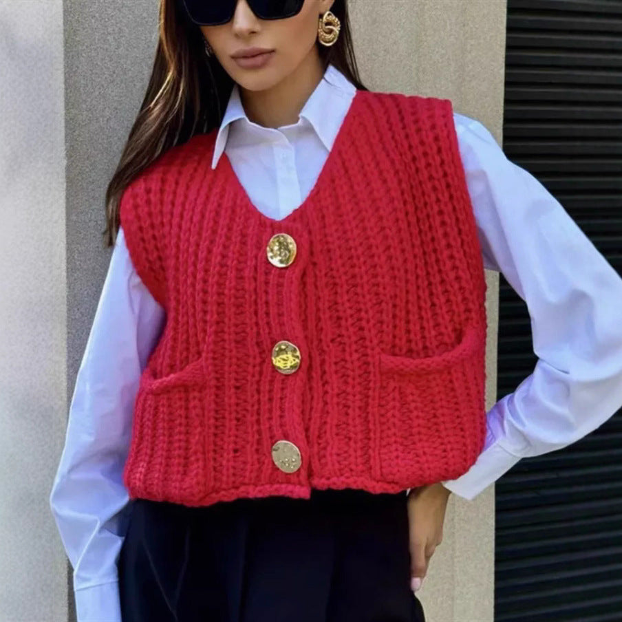 Damen Grobgestrickte Cropped Weste mit V-Ausschnitt und goldenen Zierknöpfen Drune