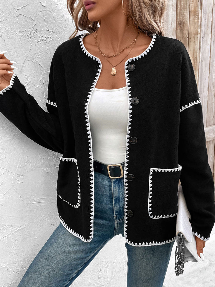 Damen modische Strickjacke mit dekorativem Kontrastbesatz und großen Taschen Drune