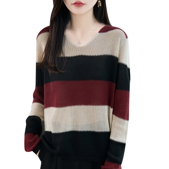 Damen Leichter V-Ausschnitt Feinstrickpullover mit breiten Blockstreifen und entspannter Passform Drune