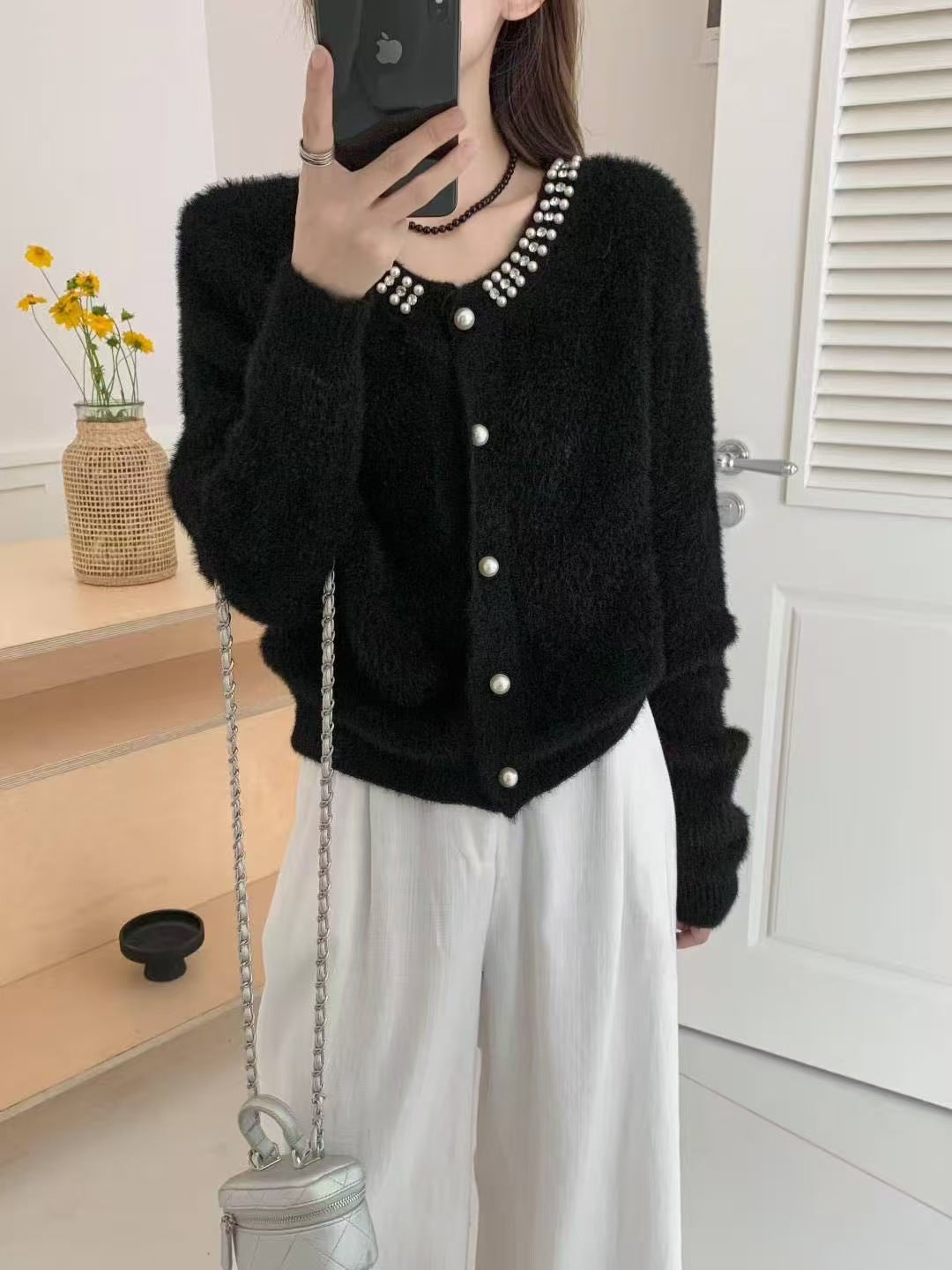 Damen Kuschelige Cardigan mit Perlen-Dekor Drune
