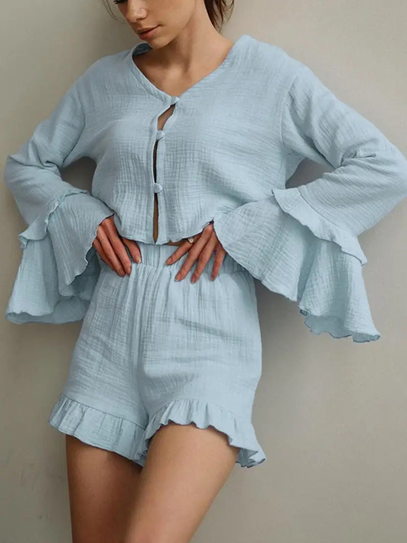 Damen Zweiteiliges Crinkle-Lounge-Set mit Volant-Shorts und gestuften Trompetenärmeln Drune