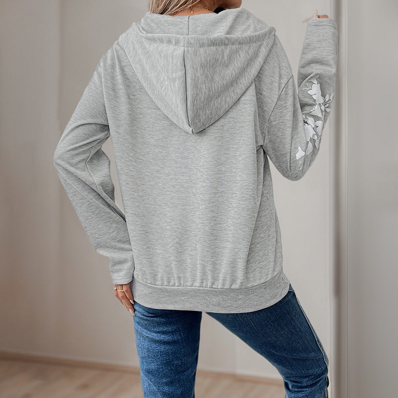 Damen Kapuzenpullover mit floralem Print und dekorativen Reißverschlussdetails Drune