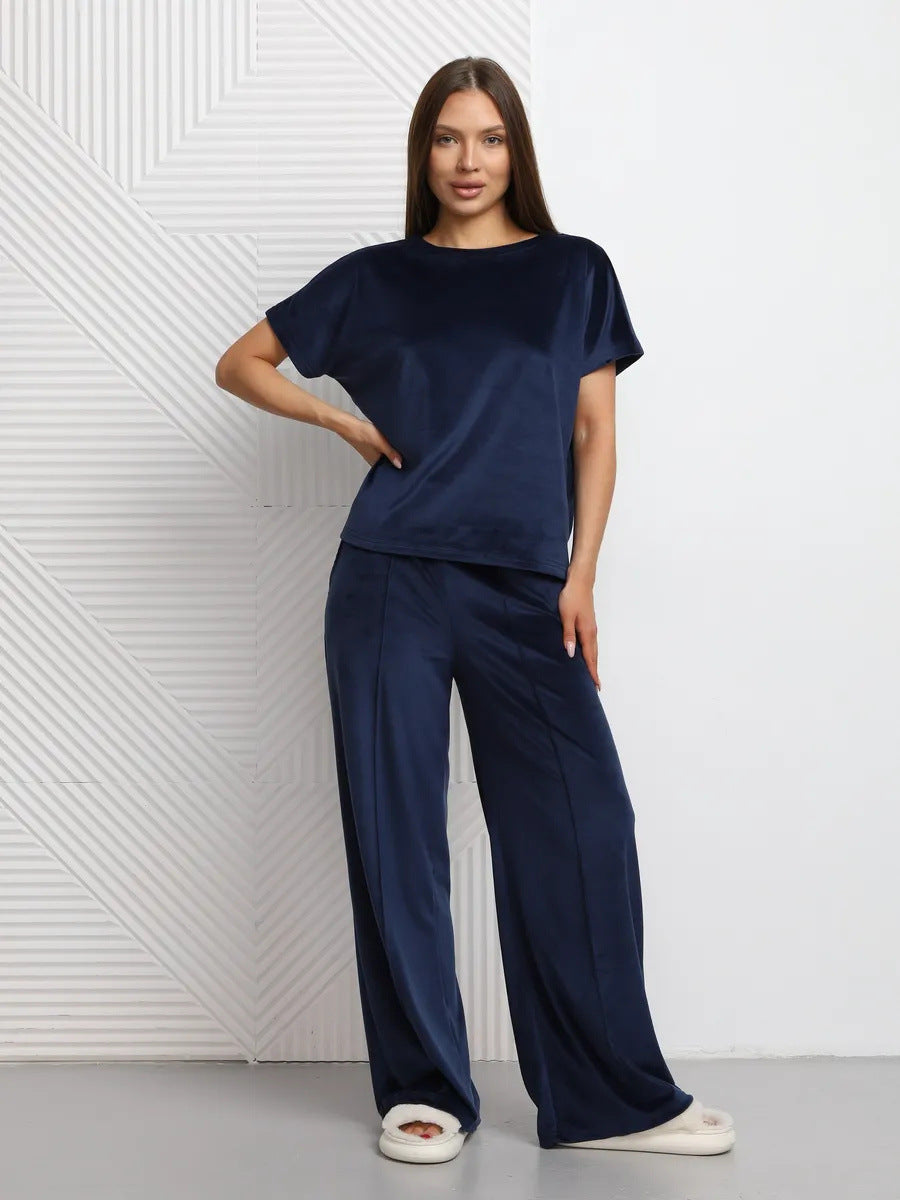 Damen Satin-Loungewear-Set mit lässigem Schnitt und weit geschnittenen Hosen