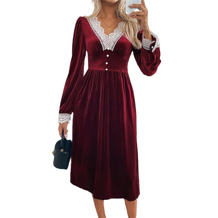Damen Samt-Midikleid mit Spitzendekor, V Ausschnitt und taillierter Empire Silhouette Drune