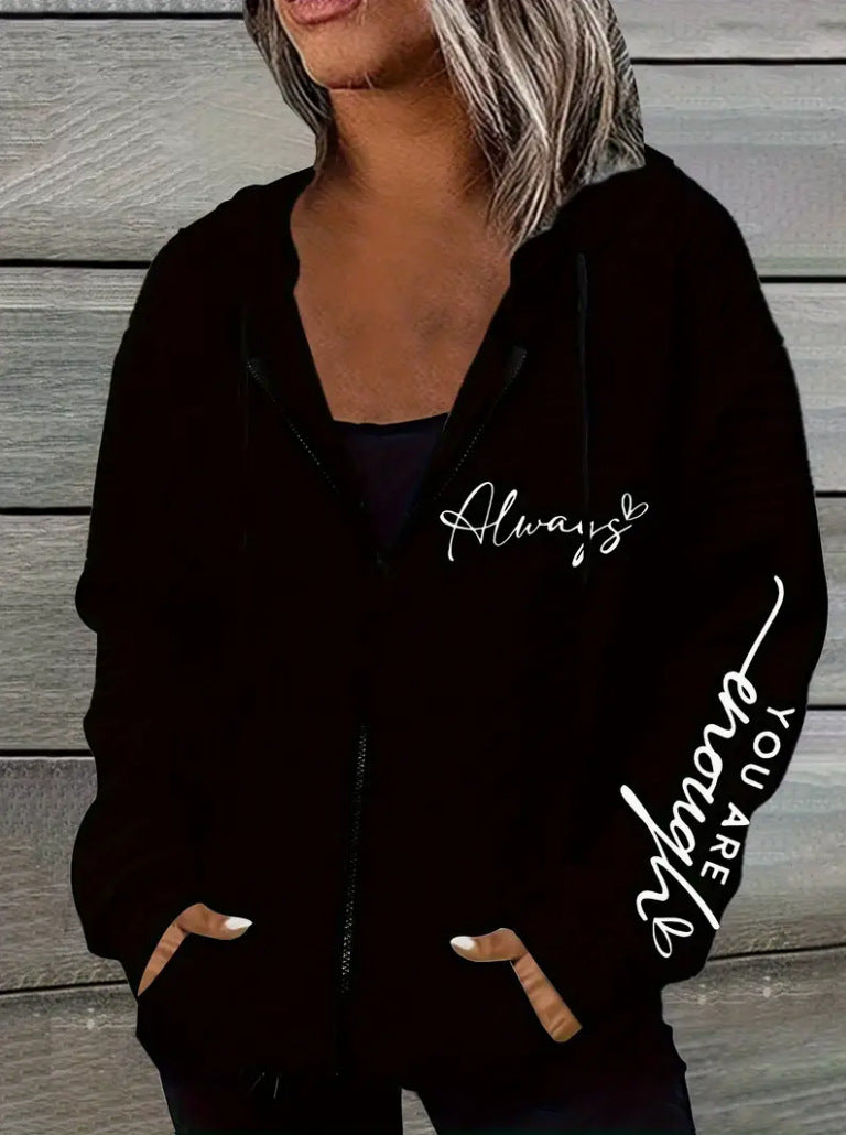 Damen nan oversized Kapuzenjacke mit Reißverschluss, handgeschriebener Typo-Applikation und Kontrast-Eingrifftaschen Drune