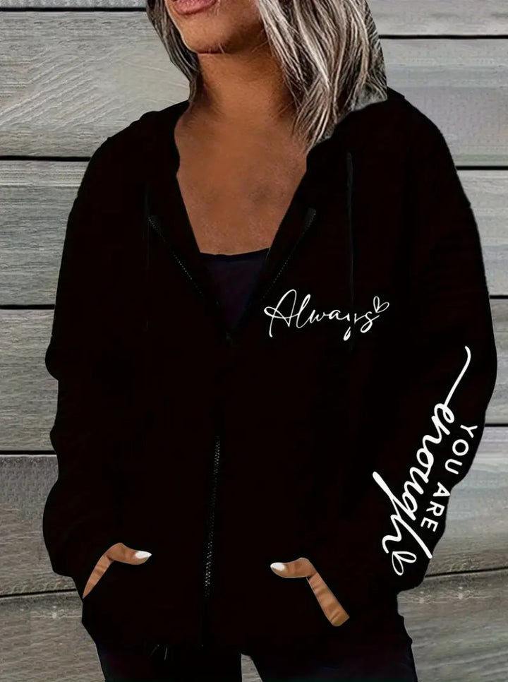 Damen nan oversized Kapuzenjacke mit Reißverschluss, handgeschriebener Typo-Applikation und Kontrast-Eingrifftaschen Drune