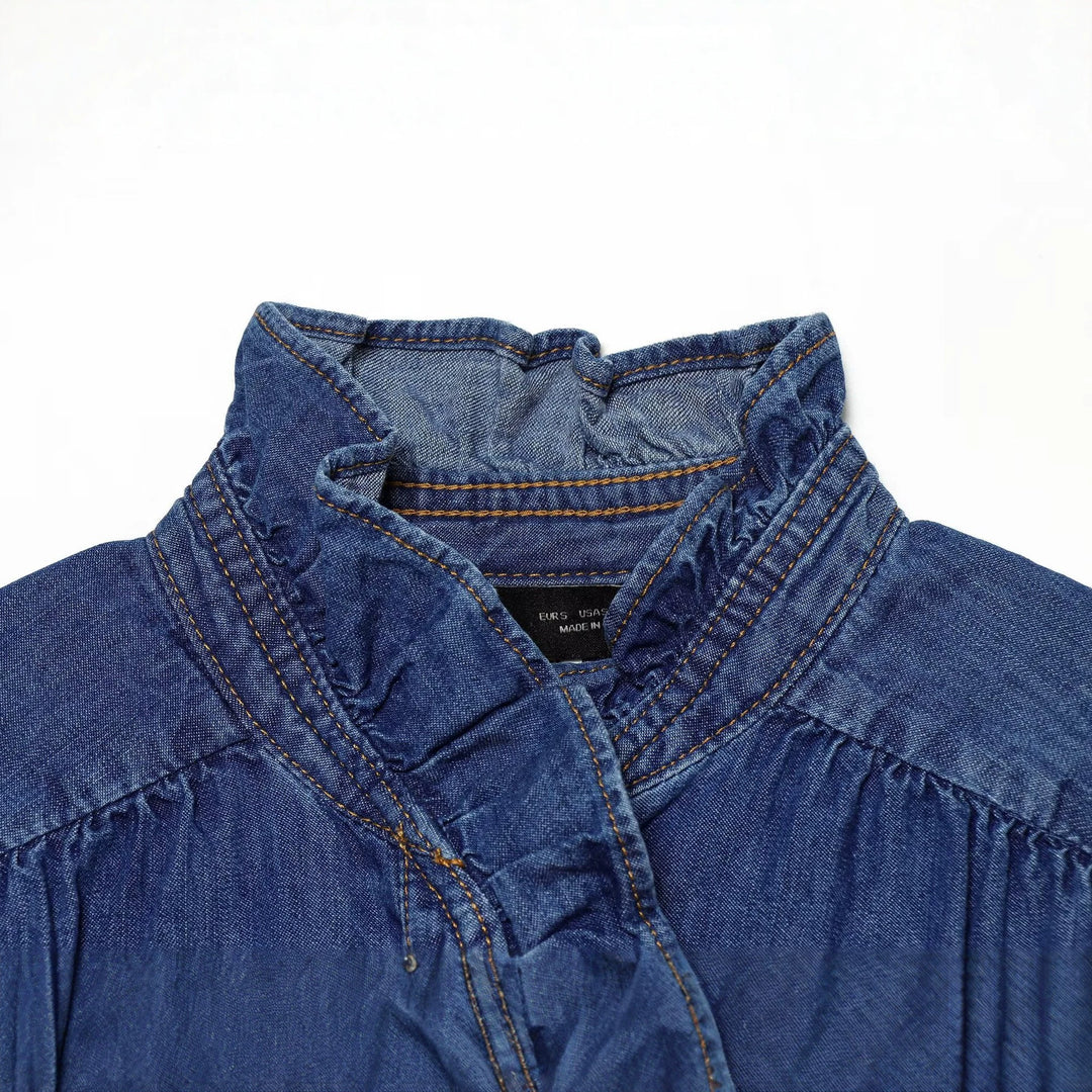 Damen Weiche Denim-Tunika mit Rüschenblende, Stehkragen und Ballonärmeln Drune