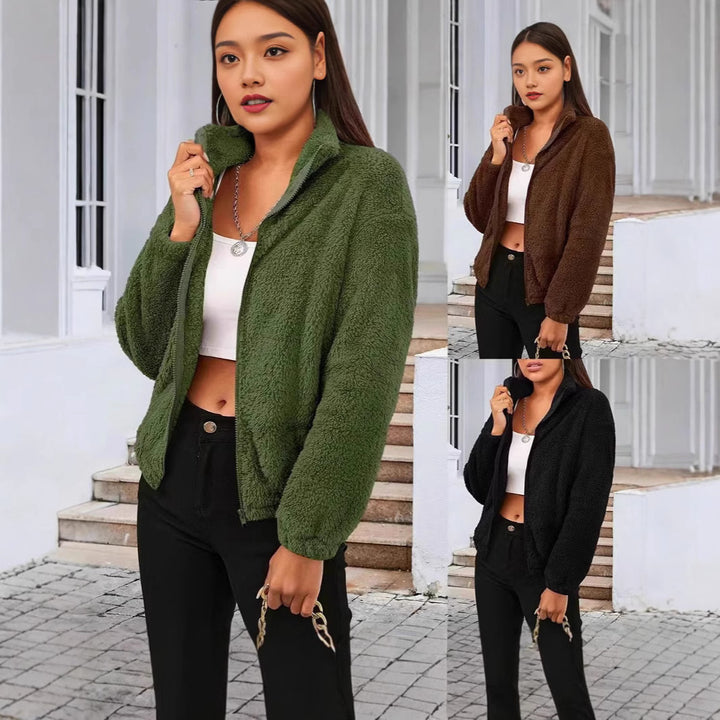 Damen Teddyjacke im lässigen Oversized-Stil mit hohem Kragen und Reißverschluss Drune