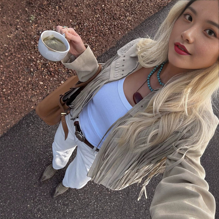 Damen Kurzfransen-Suedejacke im Westernstil mit Ziernähten und Nieten Drune