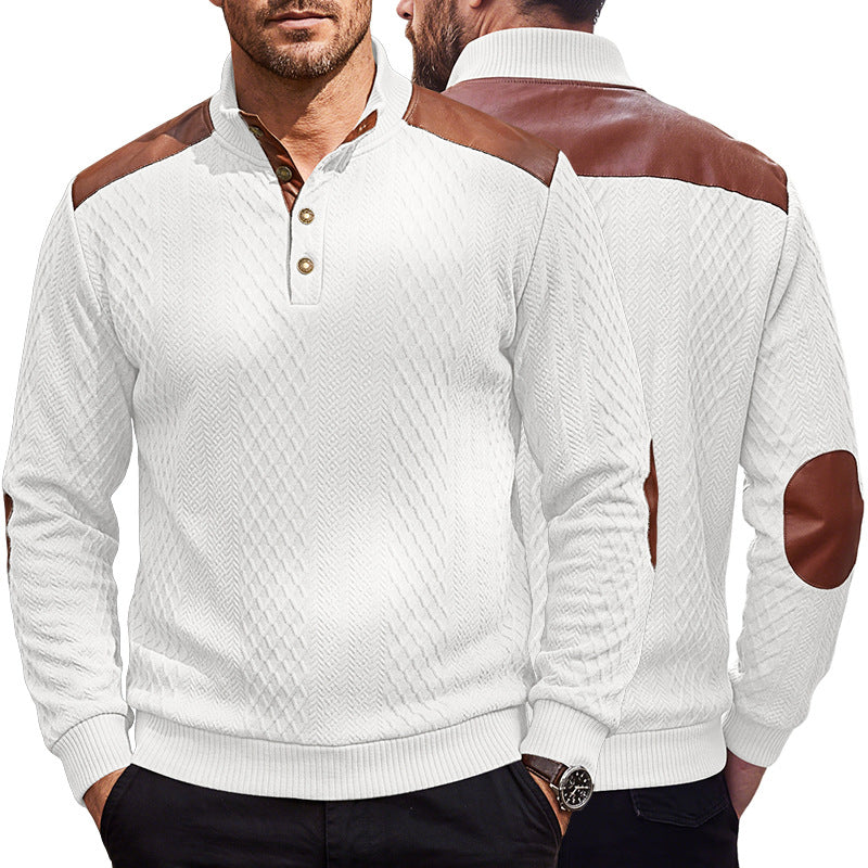 Herren Pullover mit Stehkragen, Zopfmuster und kontrastierenden Lederbesätzen Drune