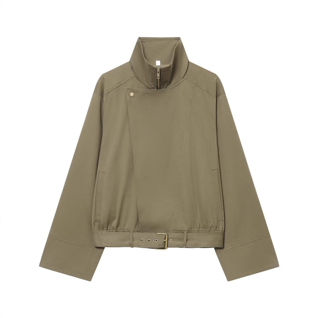 Damen Kurzblouson mit hohem Stehkragen, verdecktem Reißverschluss und Taillengürtel Drune