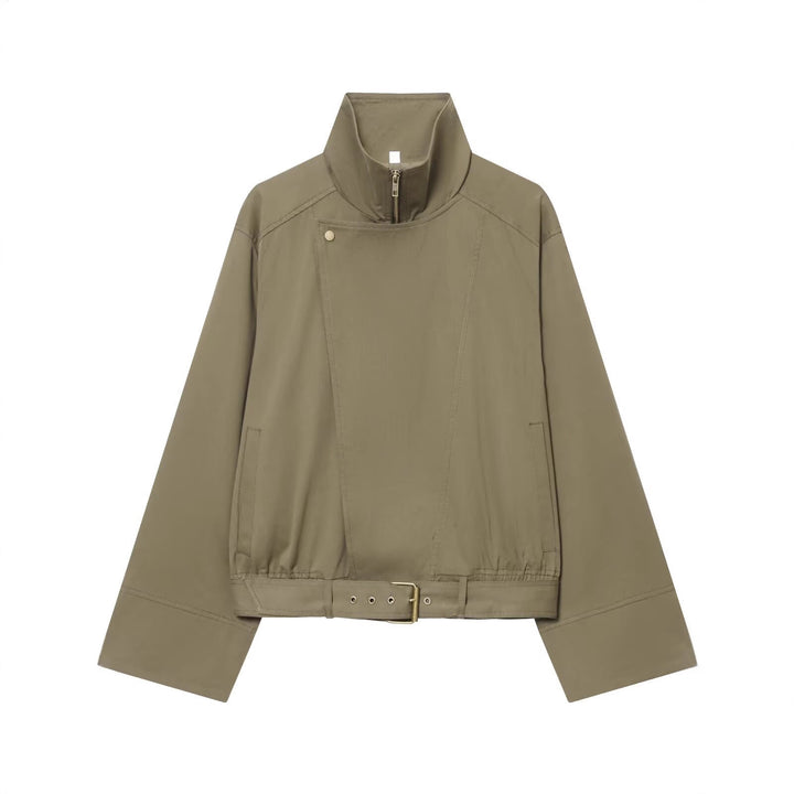 Damen Kurzblouson mit hohem Stehkragen, verdecktem Reißverschluss und Taillengürtel Drune