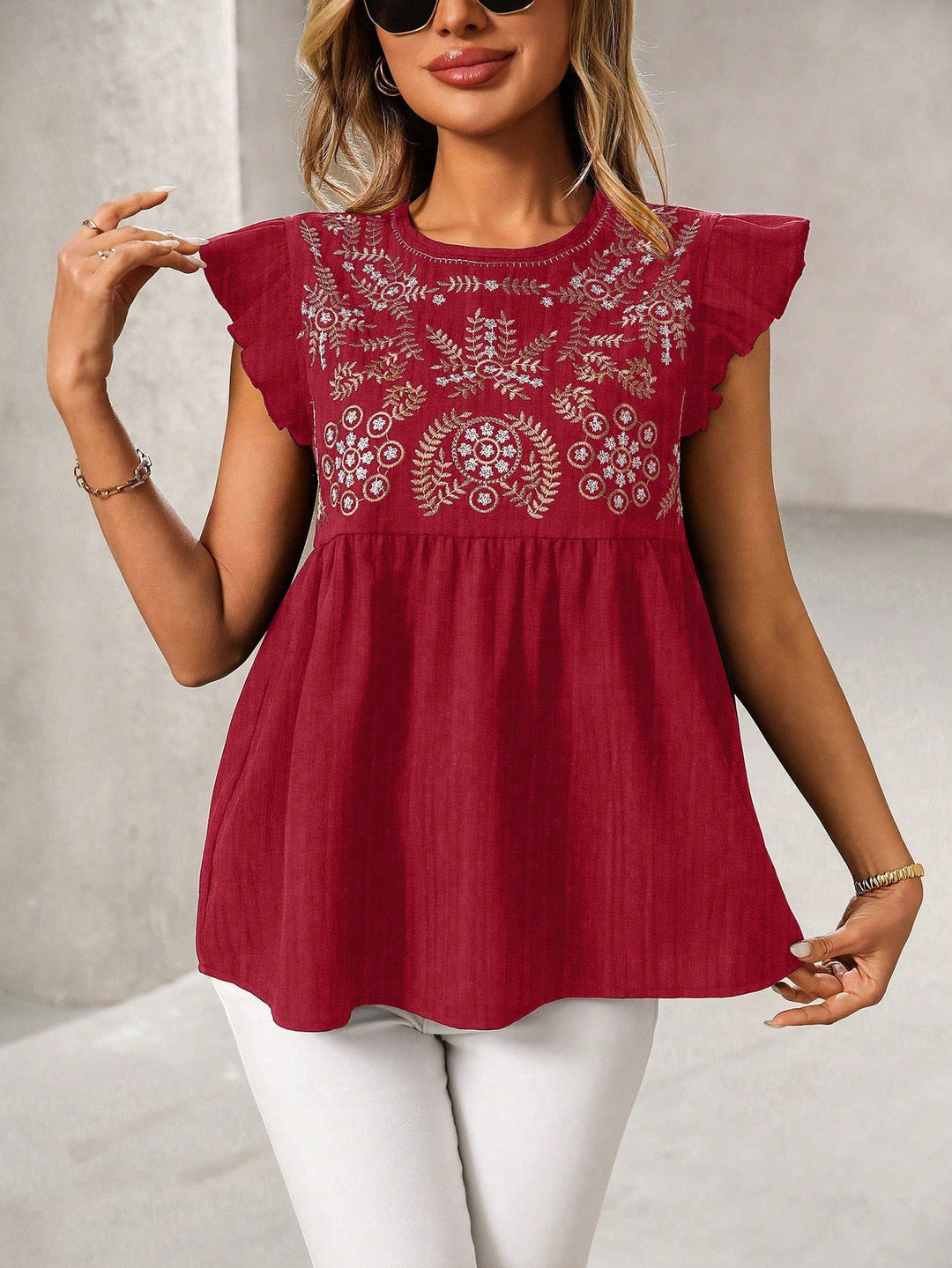 Damen Lockeres besticktes Babydoll-Top mit Rüschenärmeln Drune