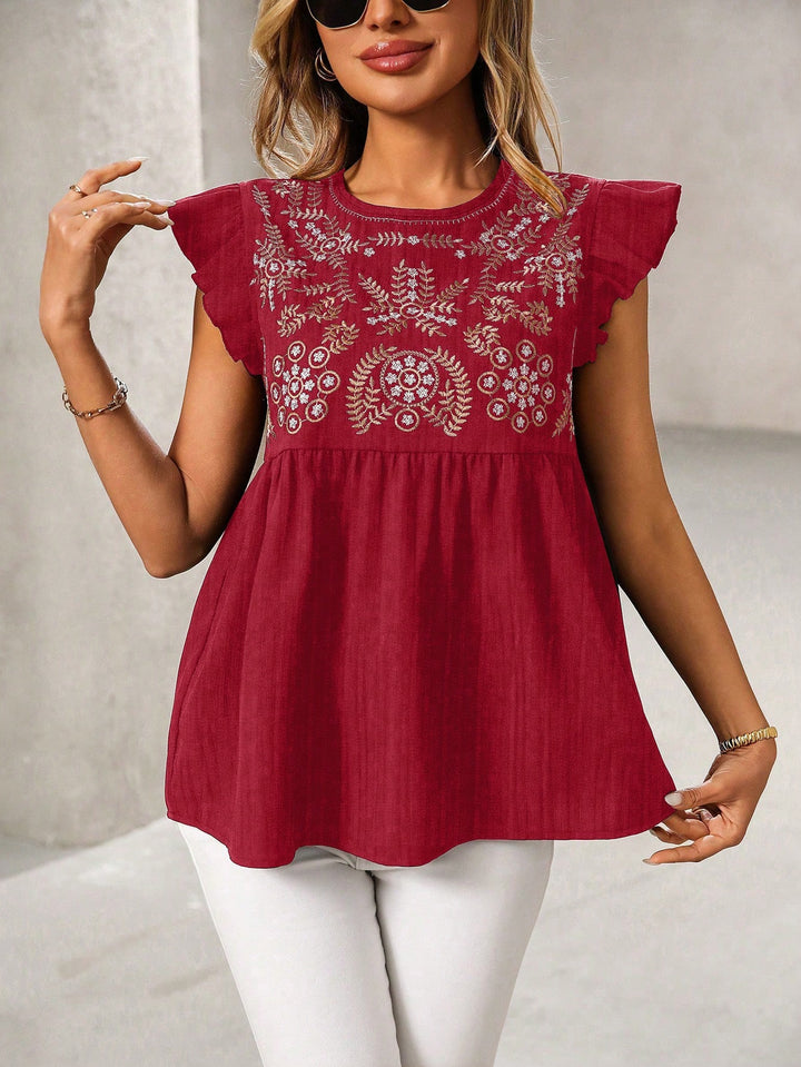 Damen Lockeres besticktes Babydoll-Top mit Rüschenärmeln Drune
