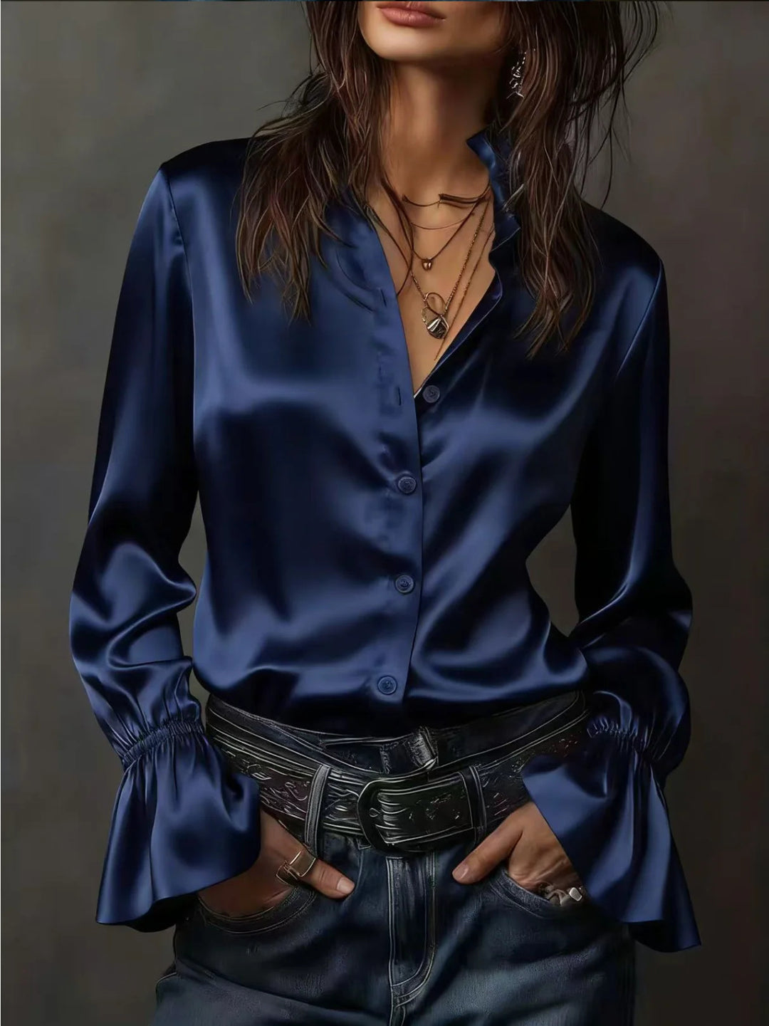 Damen Seidenglänzende Satinbluse mit Stehkragen, Knopfleiste und Volantärmel Drune