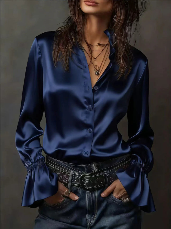 Damen Seidenglänzende Satinbluse mit Stehkragen, Knopfleiste und Volantärmel Drune