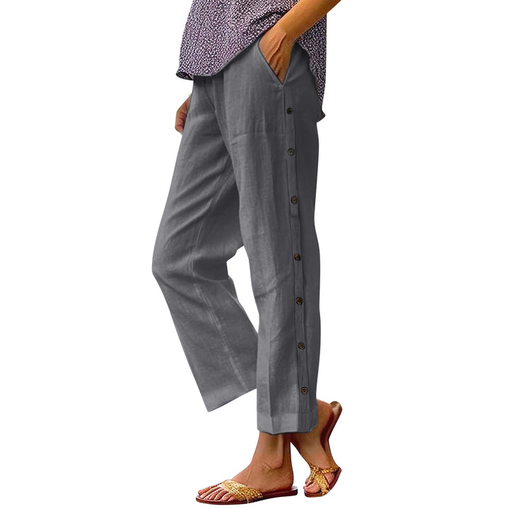 Damen Cropped Weitbeinige Knopf-Trim Leinen-Mischung Casual Hose Drune