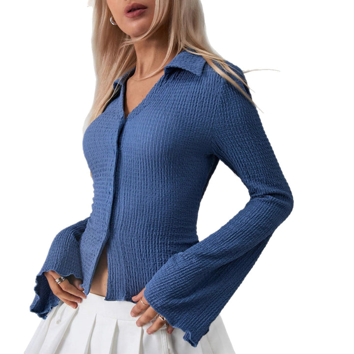 Damen Elegantes Langarmshirt mit samtiger Struktur und Glockenärmeln Drune