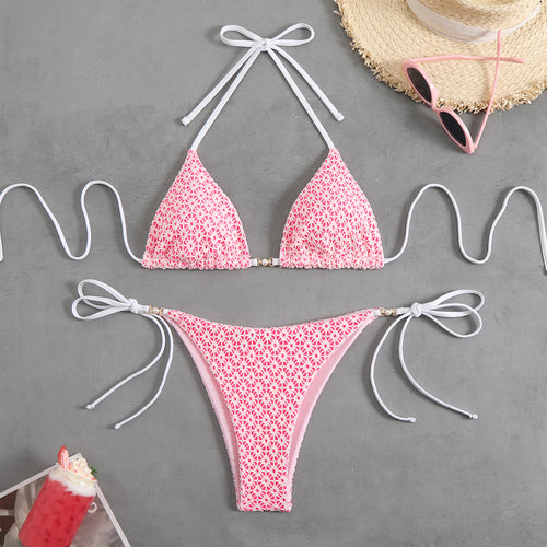 Damen Triangel-Bikini-Set mit floralem Muster und raffinierten Bändern Drune