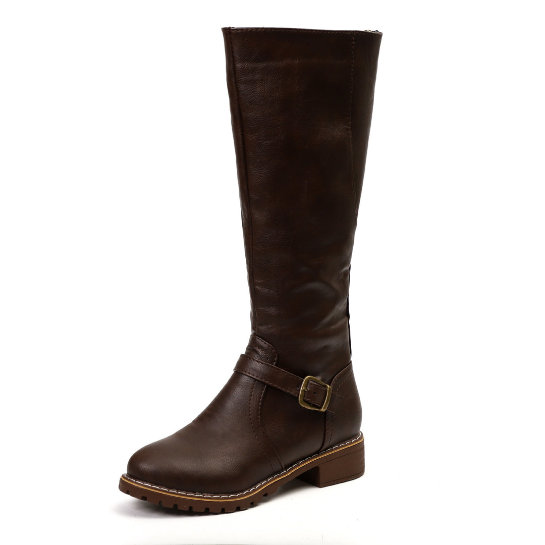 Damen Kniehohe Vintage-Bikerstiefel mit Blockabsatz und Zierspange Drune