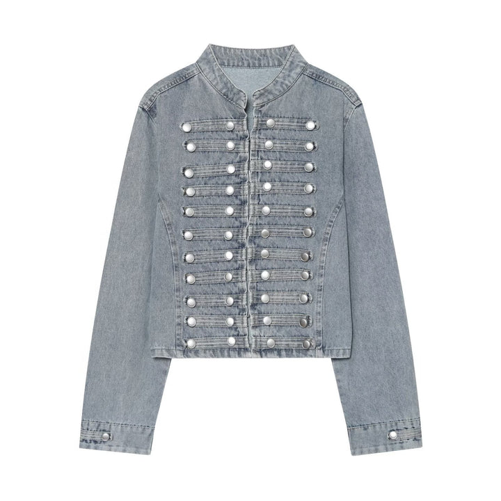 Damen Kurz geschnittene Denimjacke im Militärstil mit Stehkragen und Zierknopfreihen Drune