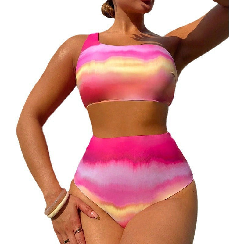 Damen Hoch tailliertes Bikini-Set mit asymmetrischem Oberteil und farbenfrohem Design Drune