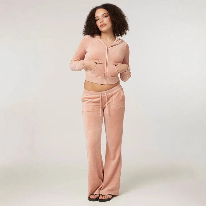 Damen Samtvelours Cropped-Zipjacke mit Kängurutasche und hochgeschnittener Bündchenhose Drune