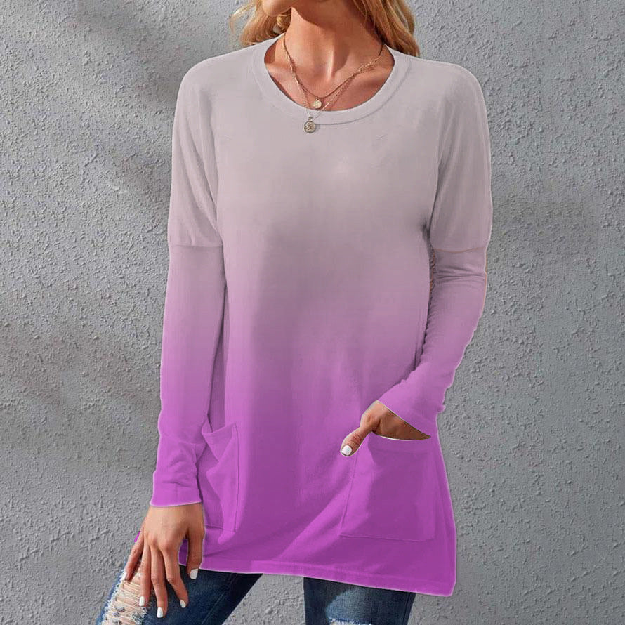 Damen Lange Ombre Tunika Bluse mit Rundhalsausschnitt und Eingrifftaschen Drune
