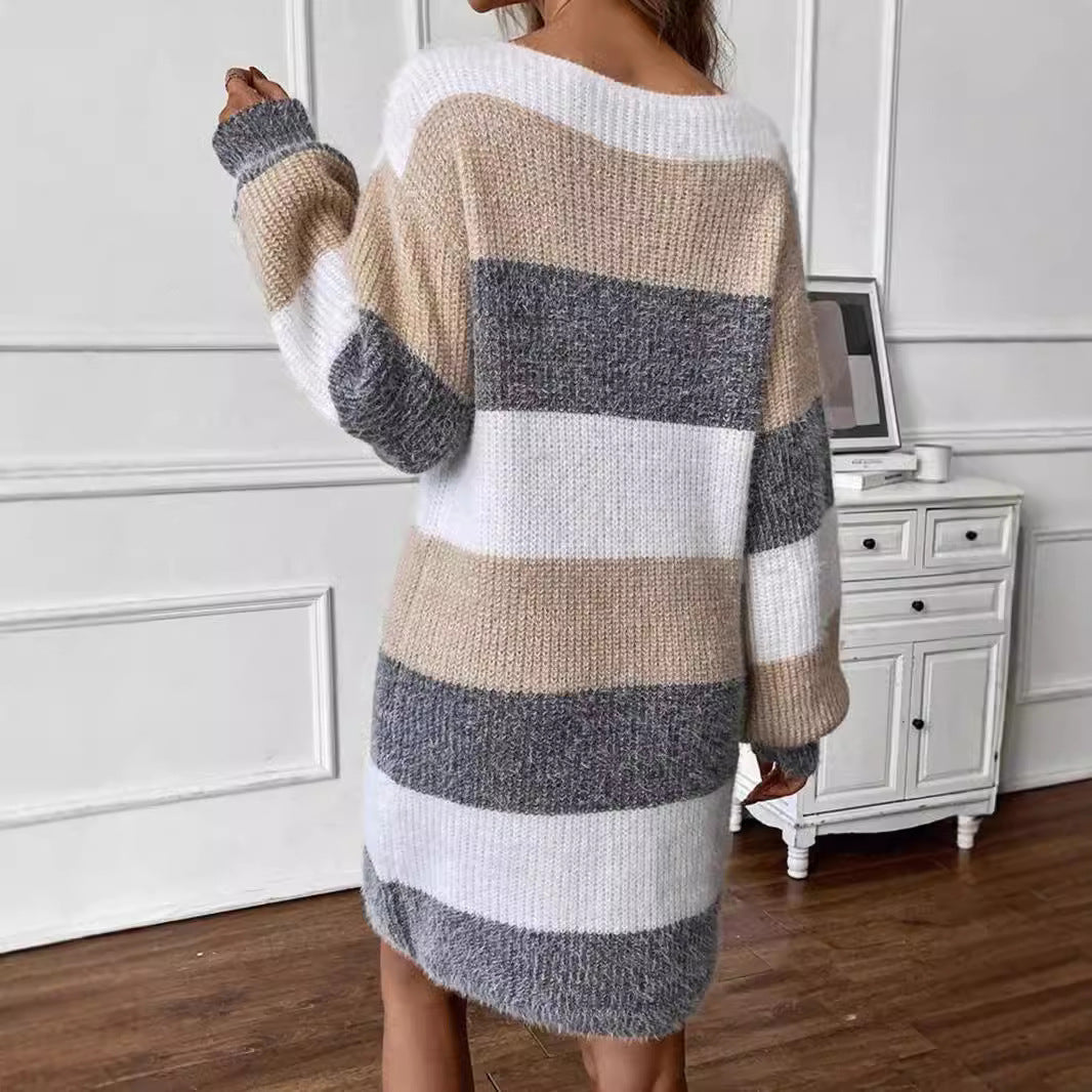 Damen gestreiftes Strickkleid mit weitem Schnitt Drune