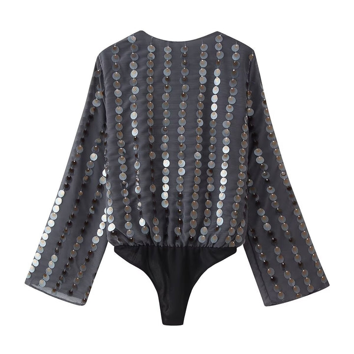 Damen Glamouröses Body mit glitzernden Pailletten und Wickeldesign Drune