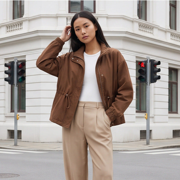 Damen Utility-Fieldjacke mit Tunnelzugtaillierung, hohem Kragen und elastischen Bündchen Drune