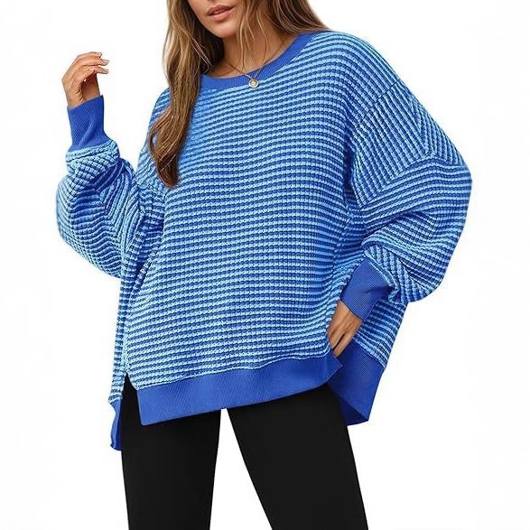 Damen Gestreifter Oversize-Sweater mit Rundhalsausschnitt und Seitenschlitzen Drune