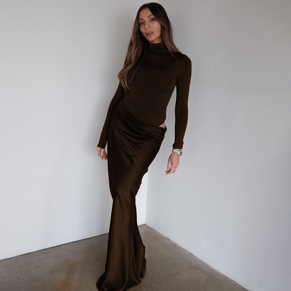 Damen Elegantes langärmliges Maxikleid mit figurbetontem Schnitt und raffiniertem Drapierungsdetail Drune