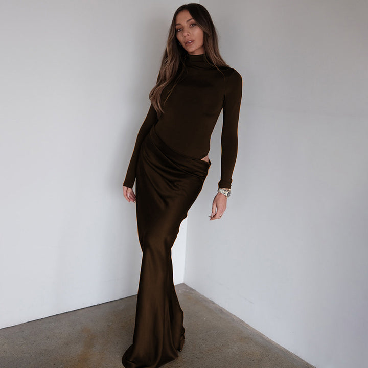 Damen Elegantes langärmliges Maxikleid mit figurbetontem Schnitt und raffiniertem Drapierungsdetail Drune