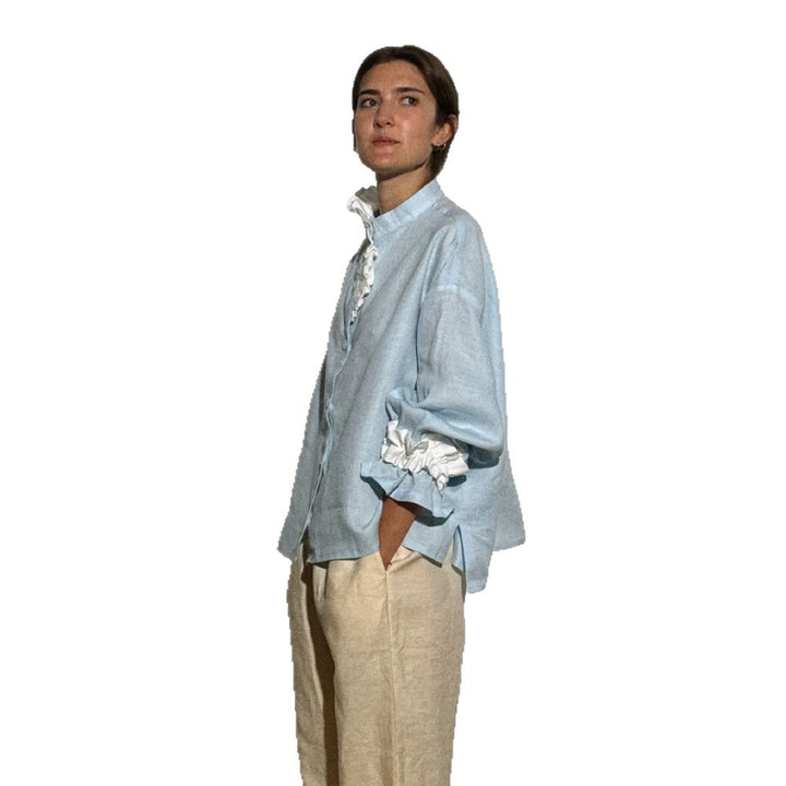Damen Leichte Leinenbluse mit Stehkragen, oversizeder Silhouette und gerafften Manschetten Drune