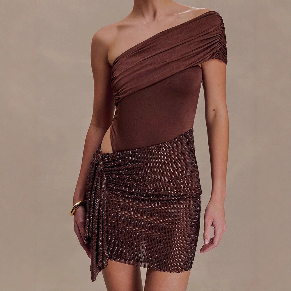 Damen Elegantes One-Shoulder Kleid mit funkelndem Rock Drune