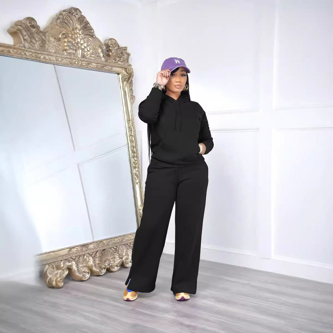 Damen nan Relax-Loungewear-Set mit weitem Highwaist-Palazzo-Jogger, Kapuzenpullover mit Kängurutasche und seitlichem Saumschlitz Drune