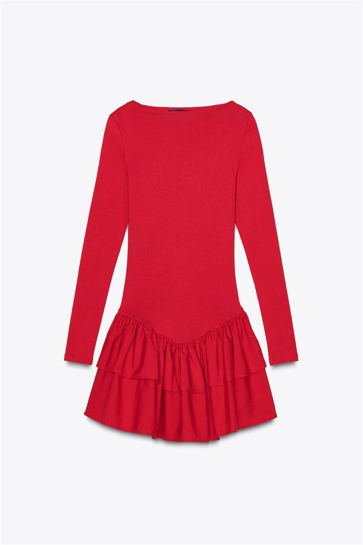 Damen Figurbetontes Minikleid mit Stufenvolants und U‑Boot‑Ausschnitt Drune
