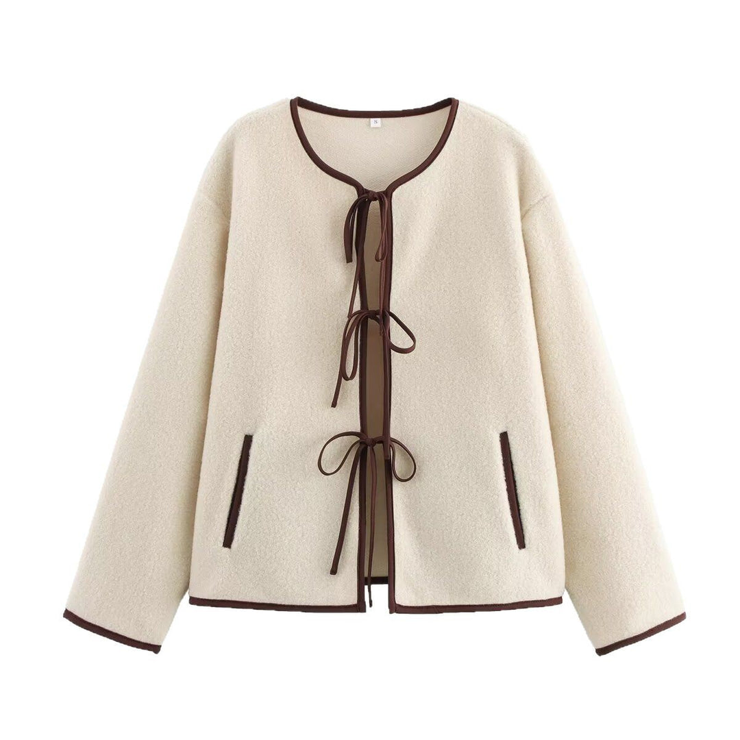 Damen Kurz geschnittene Teddy-Fleece-Jacke mit Bindebändern und Kontrastpaspel Drune