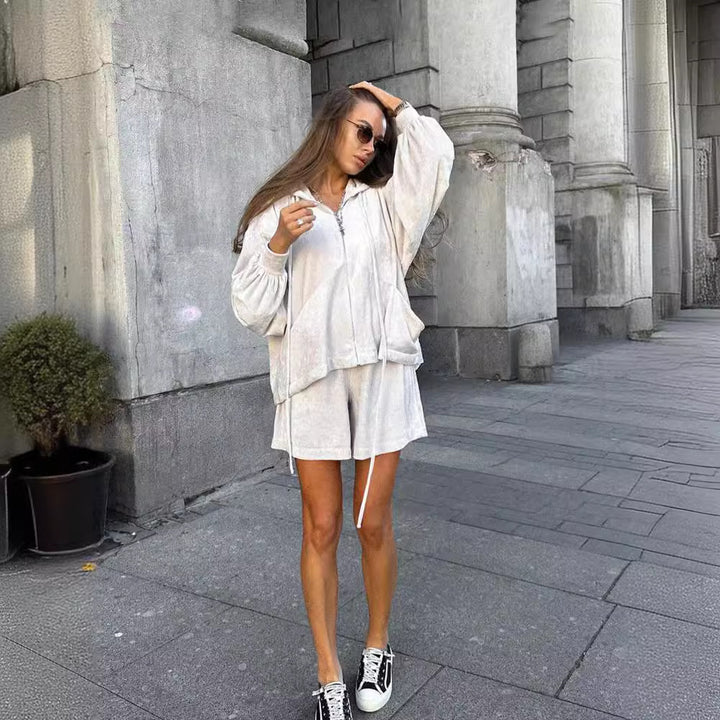 Damen lässige Fleece-Jacke mit Kapuze und weitem Schnitt Drune