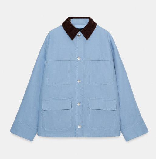 Damen kurze Chore-Jacke aus Canvas mit Cordkragen und vier aufgesetzten Taschen Drune