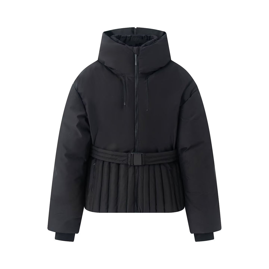 Damen Kurze taillierte Steppjacke mit hohem Stehkragen und Gürtel Drune