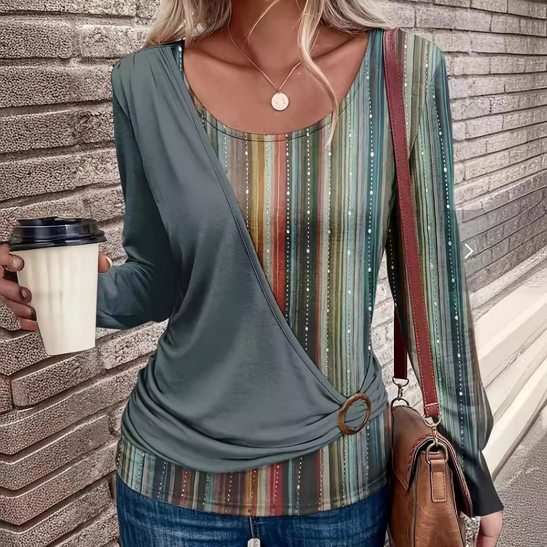 Damen Lagenlook Wickel‑Shirt mit asymmetrischer Drapierung und gestreiftem Unterteil Drune