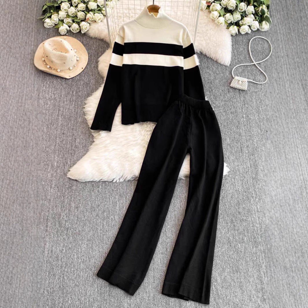 Damen modisches Strick-Loungewear-Set mit hohem Kragen und breiten Streifen Drune