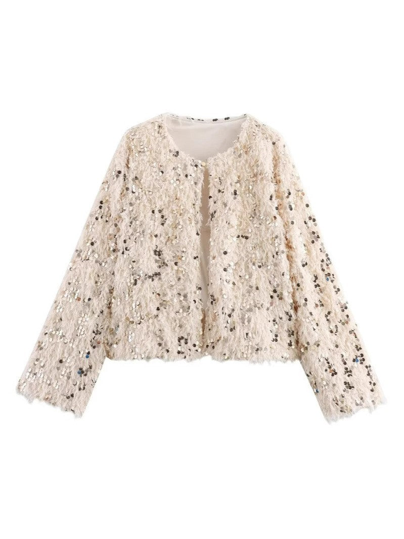 Damen Cropped‑Jacke aus flauschigem Faux‑Fur mit Paillettenbesatz Drune